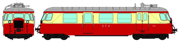 REE Modeles VM-003S - French Billard Railcar CFV Tourist N°316, 2 Lights, Ruby/Cream, Alu Roof Era IV - DCC Sound